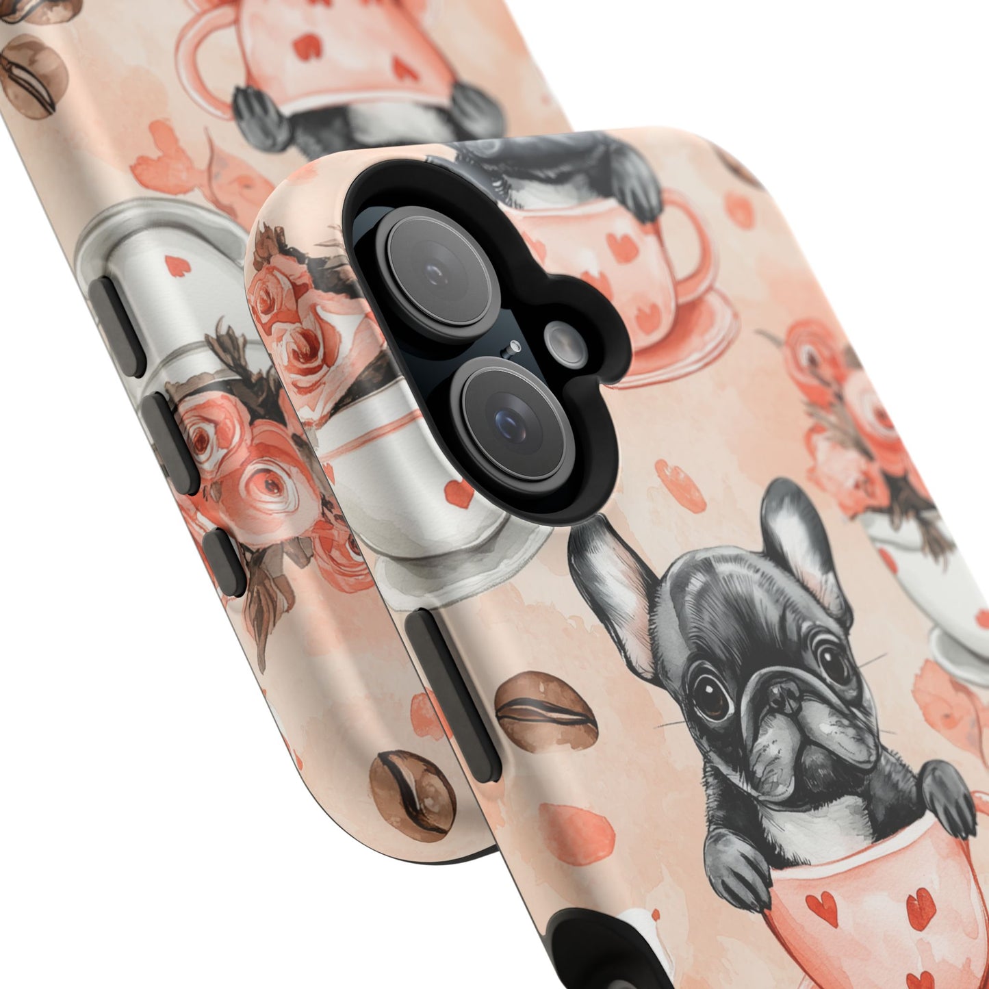 French Bulldogs in Heart Teacups MagSafe iPhone Case – Cute Dog & Floral Design, Shockproof Protection