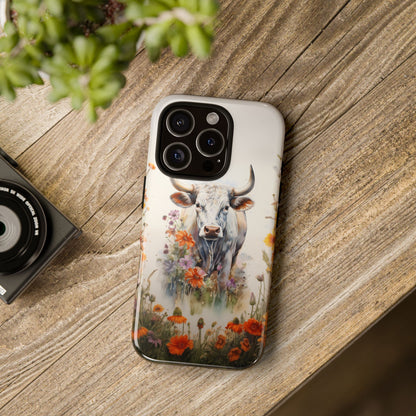 Floral Cow Phone Case - Rustic Western Watercolor Bull. For iPhone, Samsung Galaxy, and Google Pixel Phones. Cute Gift For Any Cow Lover. - BOGO Cases