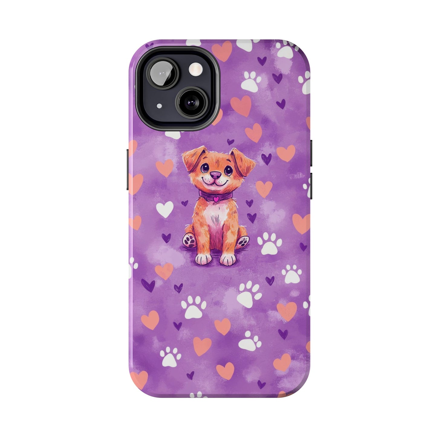 Cute Puppy iPhone Case - Adorable Pet Design with Hearts & Paw Prints, Protective Cover