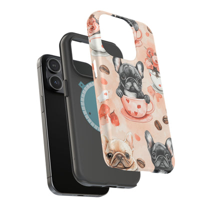 French Bulldogs in Heart Teacups MagSafe iPhone Case – Cute Dog & Floral Design, Shockproof Protection