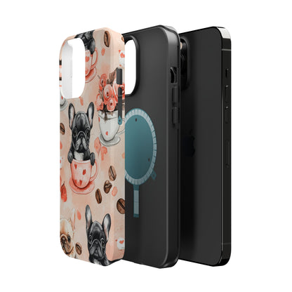 French Bulldogs in Heart Teacups MagSafe iPhone Case – Cute Dog & Floral Design, Shockproof Protection