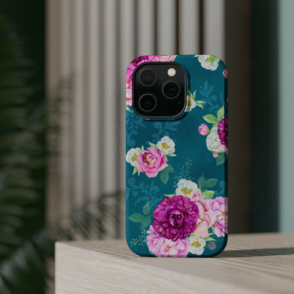 Elegant Peony Bouquet MagSafe iPhone Case – Deep Teal Background with Romantic Floral Design