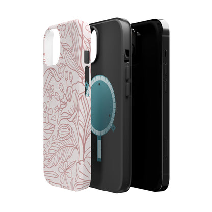 Blush Floral Line Art Tough MagSafe iPhone Case – Delicate Minimalist Design with Dual-Layer Protection