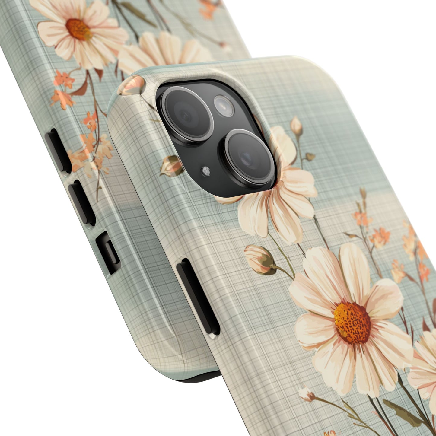 Vintage Plaid & Daisy Floral Tough iPhone Case – Dual-Layer Protection with Retro Flower Design