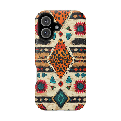 Wild Boho Leopard Print & Floral Tough MagSafe iPhone Case – Eclectic Tribal Design, Dual-Layer Protection