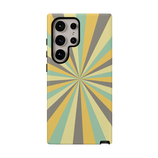 Vintage Sunburst Rays Samsung Galaxy Case – Bold 70s-Inspired Burst in Yellow, Mint, and Gray