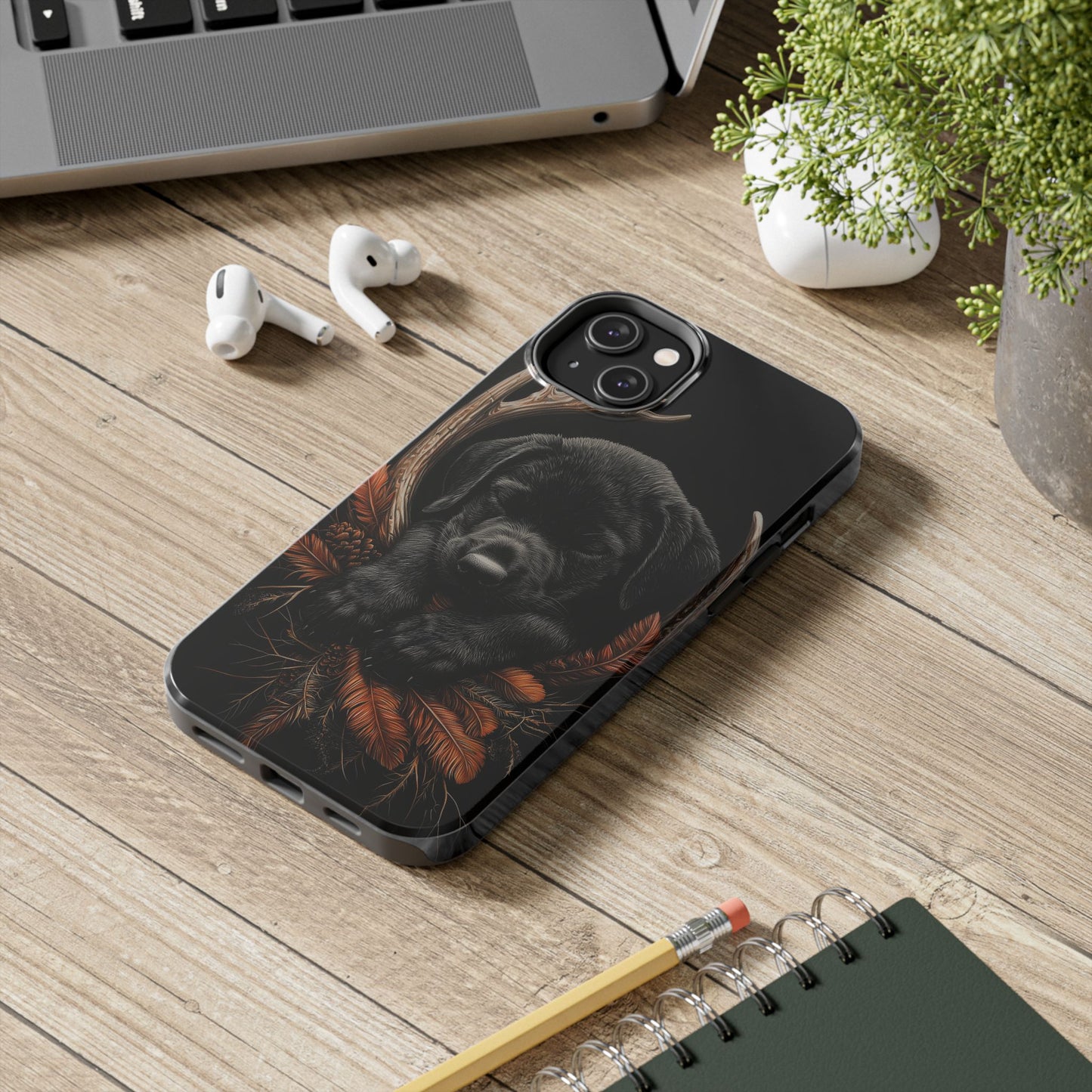 Charming Black Labrador Puppy on Feathers iPhone Case