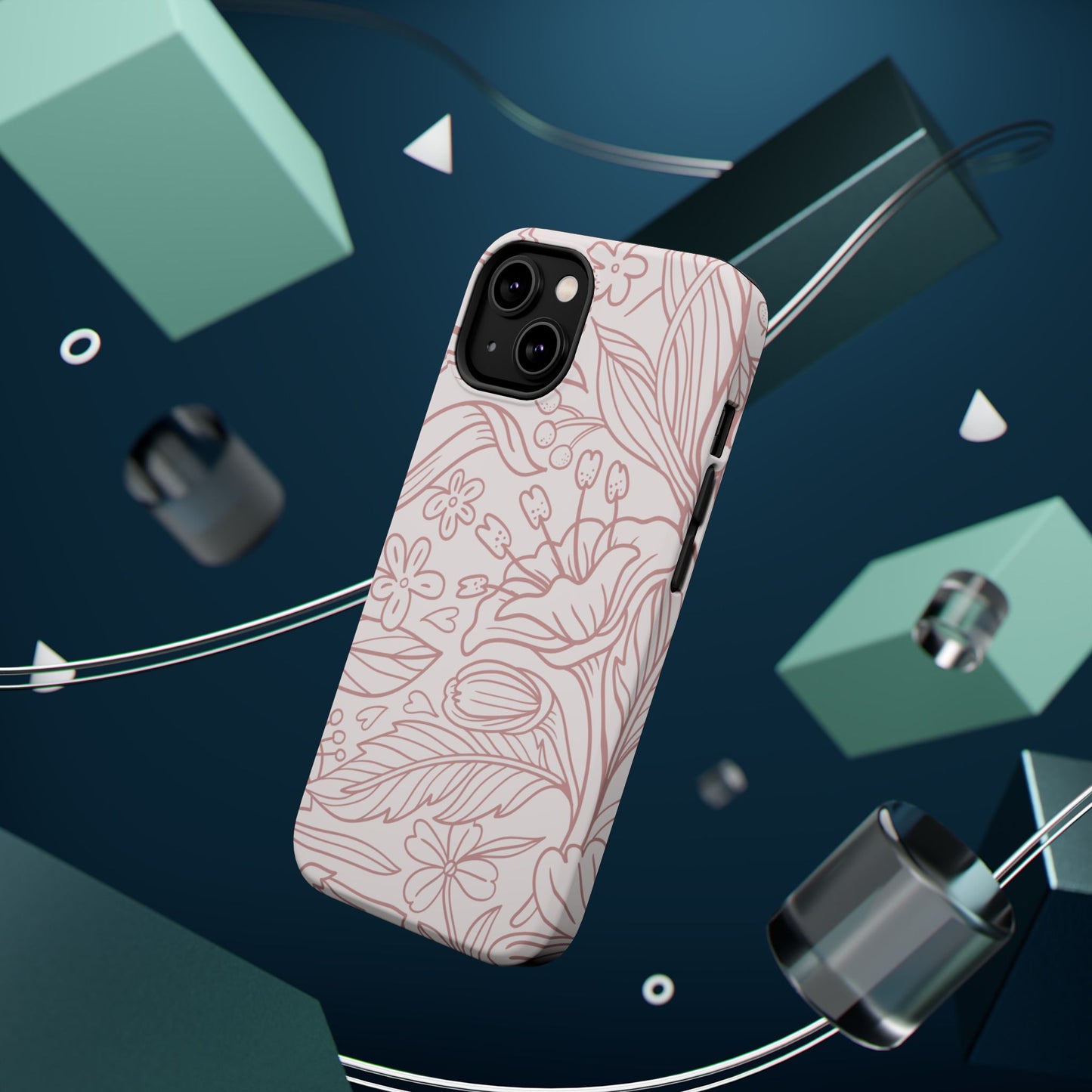 Blush Floral Line Art Tough MagSafe iPhone Case – Delicate Minimalist Design with Dual-Layer Protection