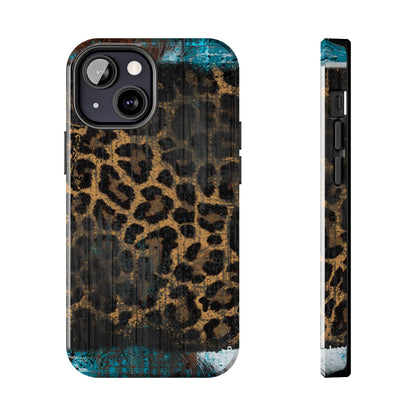 Boho Leopard and Turquoise Tough iPhone Case – Rustic Western Design with Dual-Layer Protection