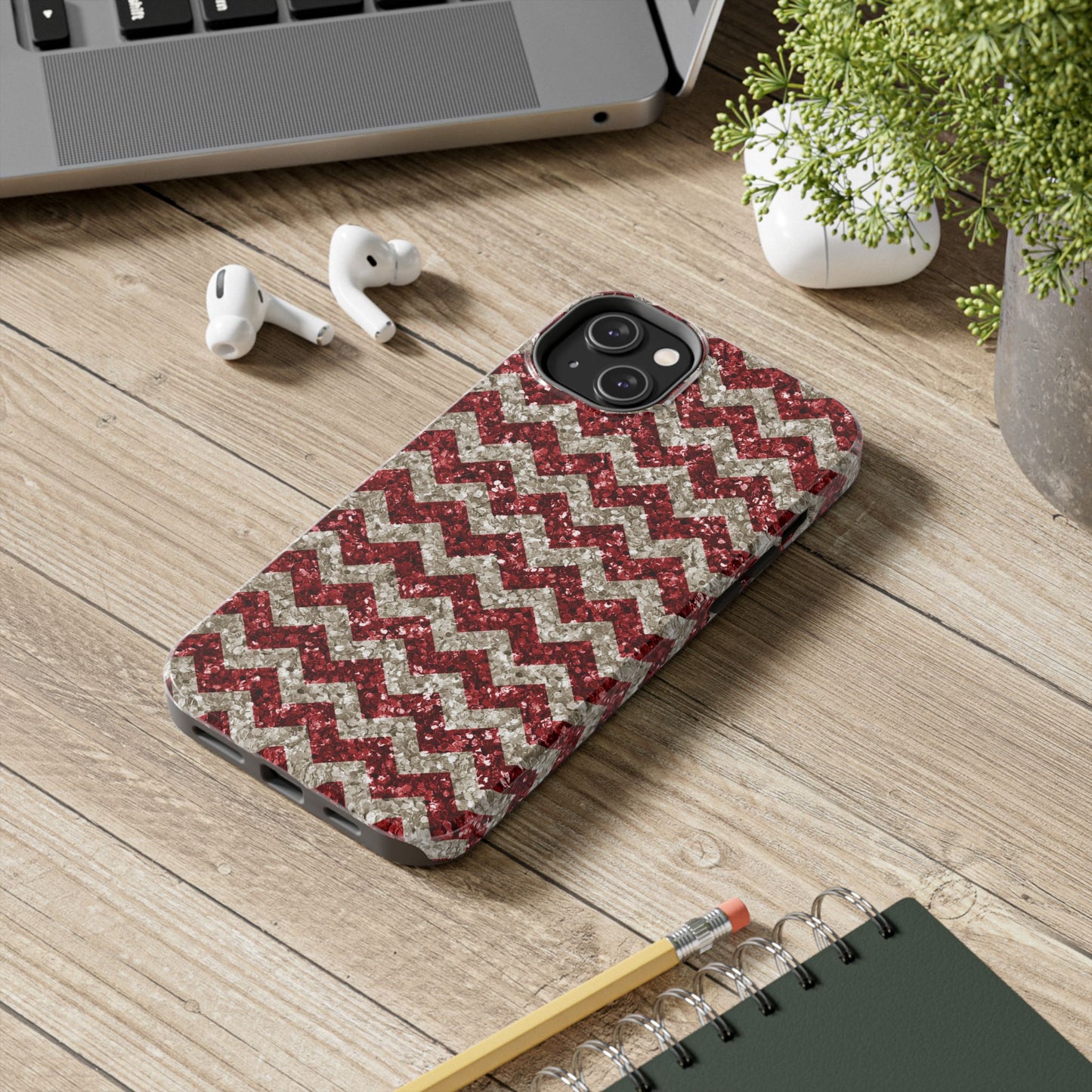 Sparkling Red & White Chevron – Glitter Illusion iPhone Case