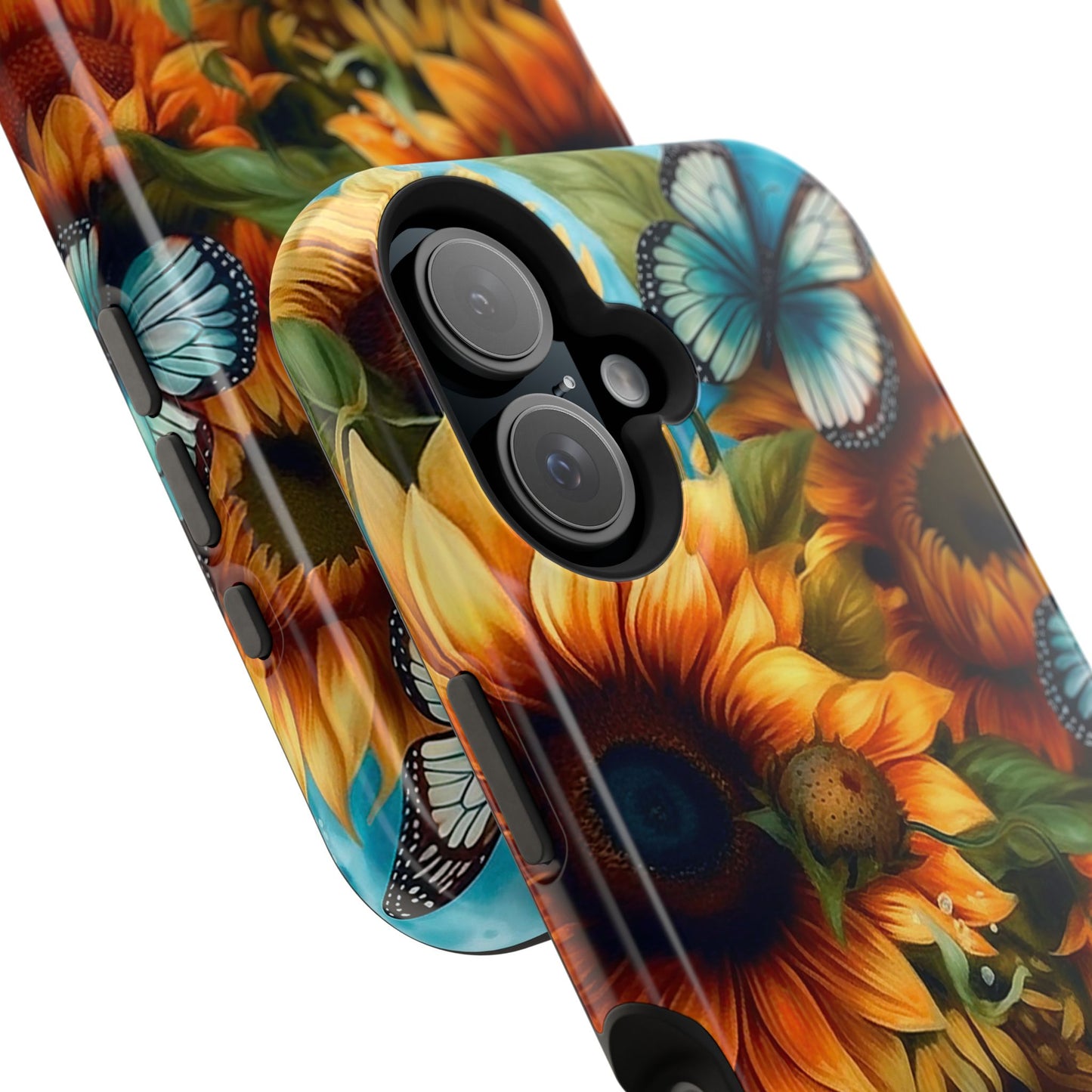 Aqua Blue Butterfly & Sunflower Art – MagSafe iPhone Case