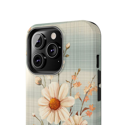 Vintage Plaid & Daisy Floral Tough iPhone Case – Dual-Layer Protection with Retro Flower Design