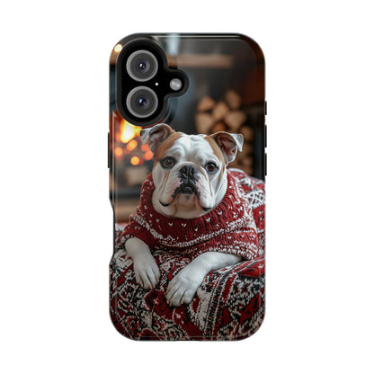 Cozy Bulldog in Sweater MagSafe iPhone Case – Festive Fireplace Protective Cover