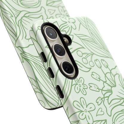 Sage Green Floral Line Art Tough Samsung Galaxy Case – Minimalist Botanical Design with Dual-Layer Protection