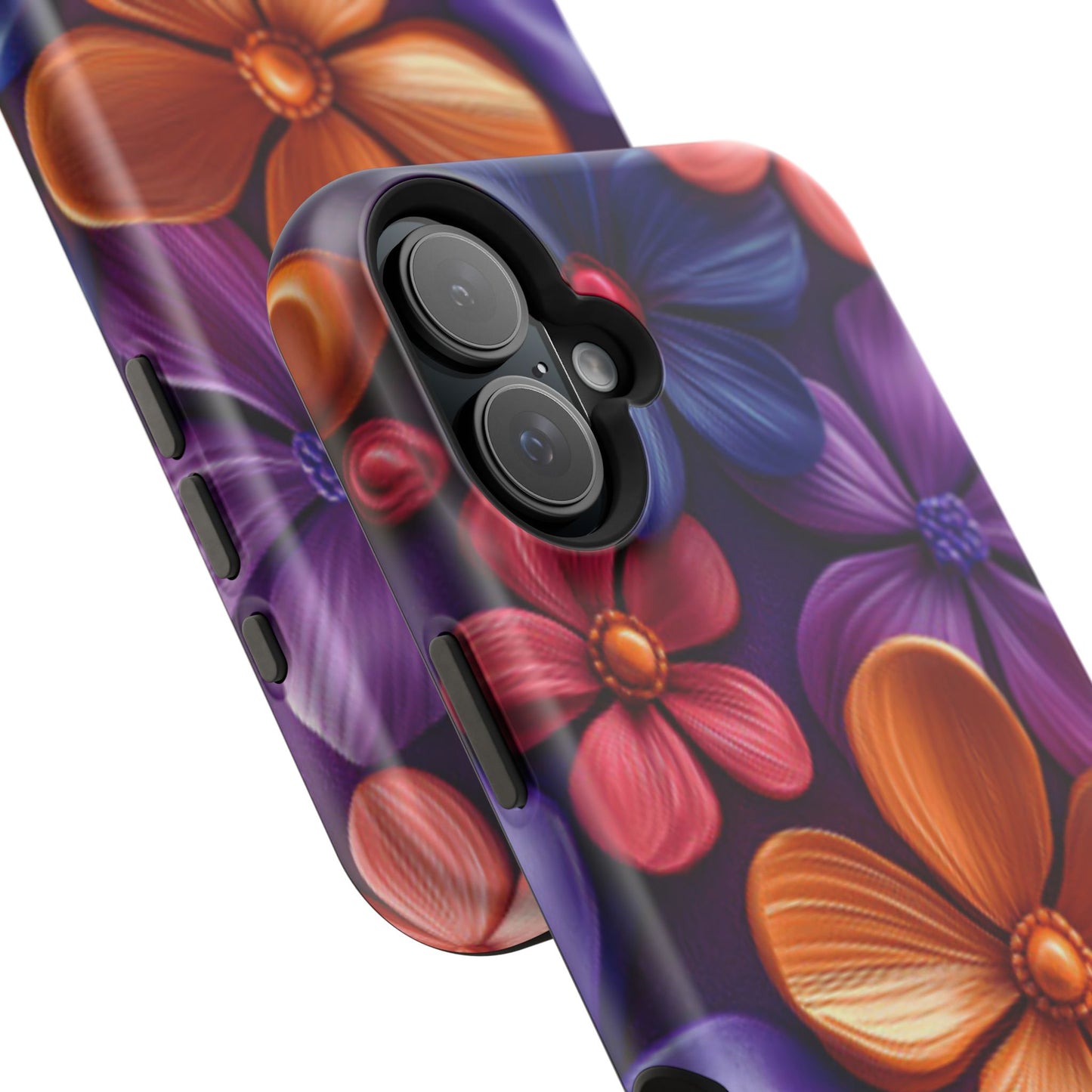 Bold Floral 3D MagSafe iPhone Case – Vivid Purple and Orange Flower Design, Shock-Resistant