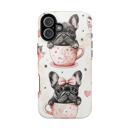 French Bulldogs in Teacups MagSafe iPhone Case – Cute Dog Design with Hearts & Bows, Shockproof & Slim