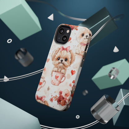 Puppies & Heart Mugs MagSafe iPhone Case – Sweet Dog & Floral Design, Shockproof & Slim