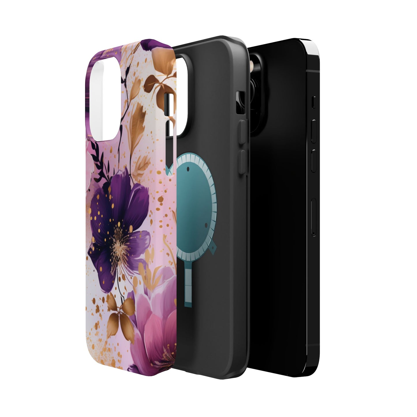 Elegant Purple & Gold Floral MagSafe iPhone Case - Luxe Flower Design