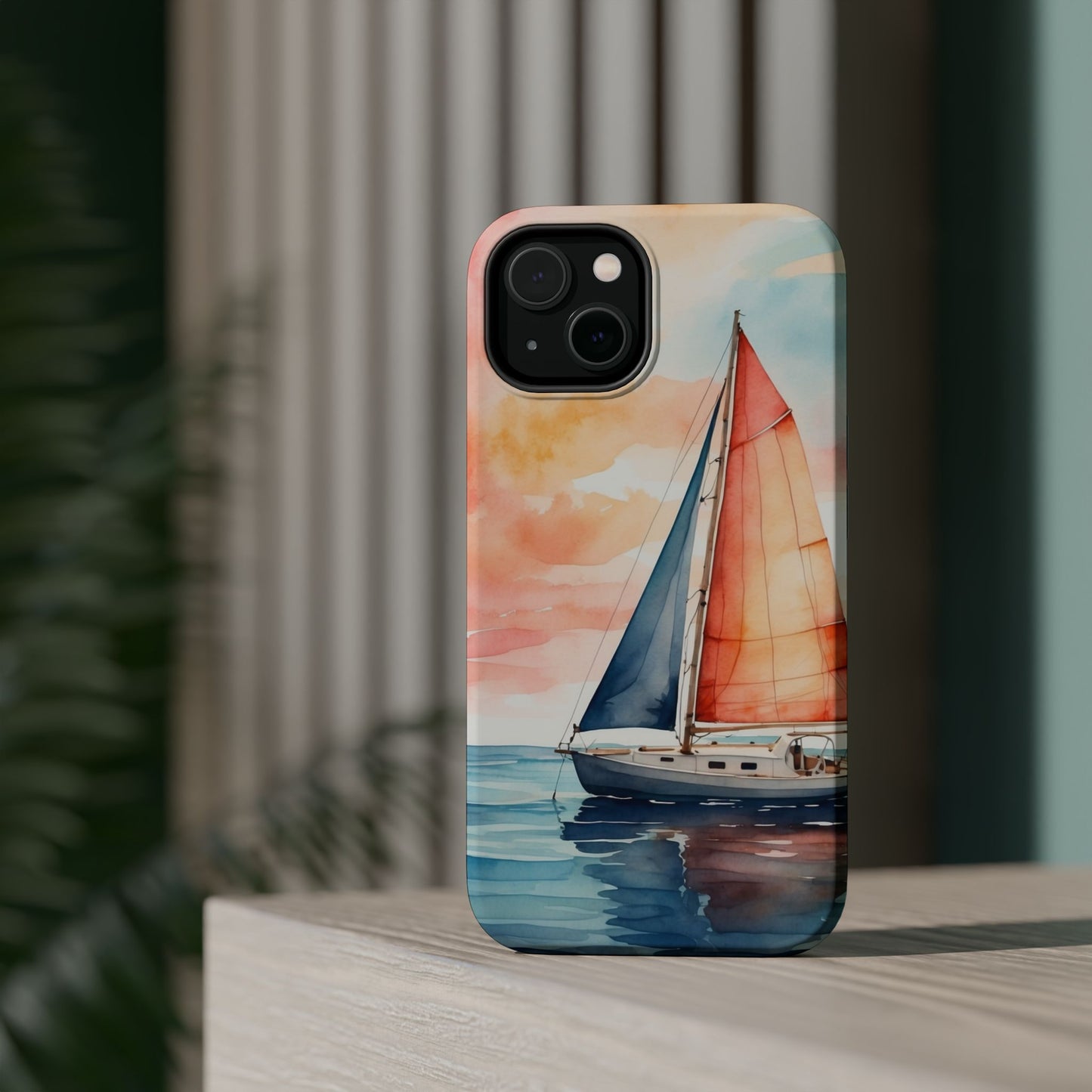 Sunset Sail MagSafe iPhone Case – Watercolor Sailboat and Sky Design