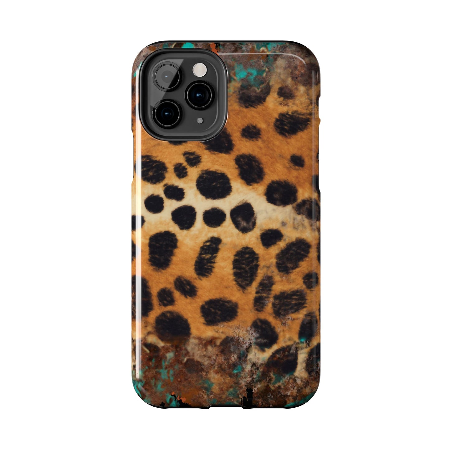 Rustic Leopard Print Tough iPhone Case – Distressed Turquoise and Animal Pattern with Dual-Layer Protection