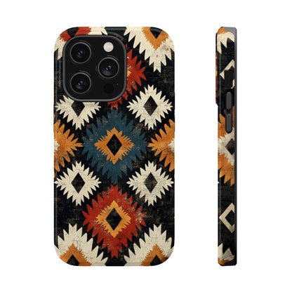 Rustic Tribal Sunburst Tough MagSafe iPhone Case – Vibrant Geometric Design, Dual-Layer Protection