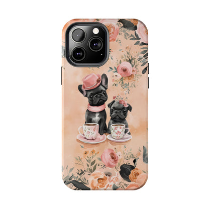 Floral French Bulldogs iPhone Case – Elegant Dog Design with Tea Cups & Roses, Shockproof Protection - BOGO Cases