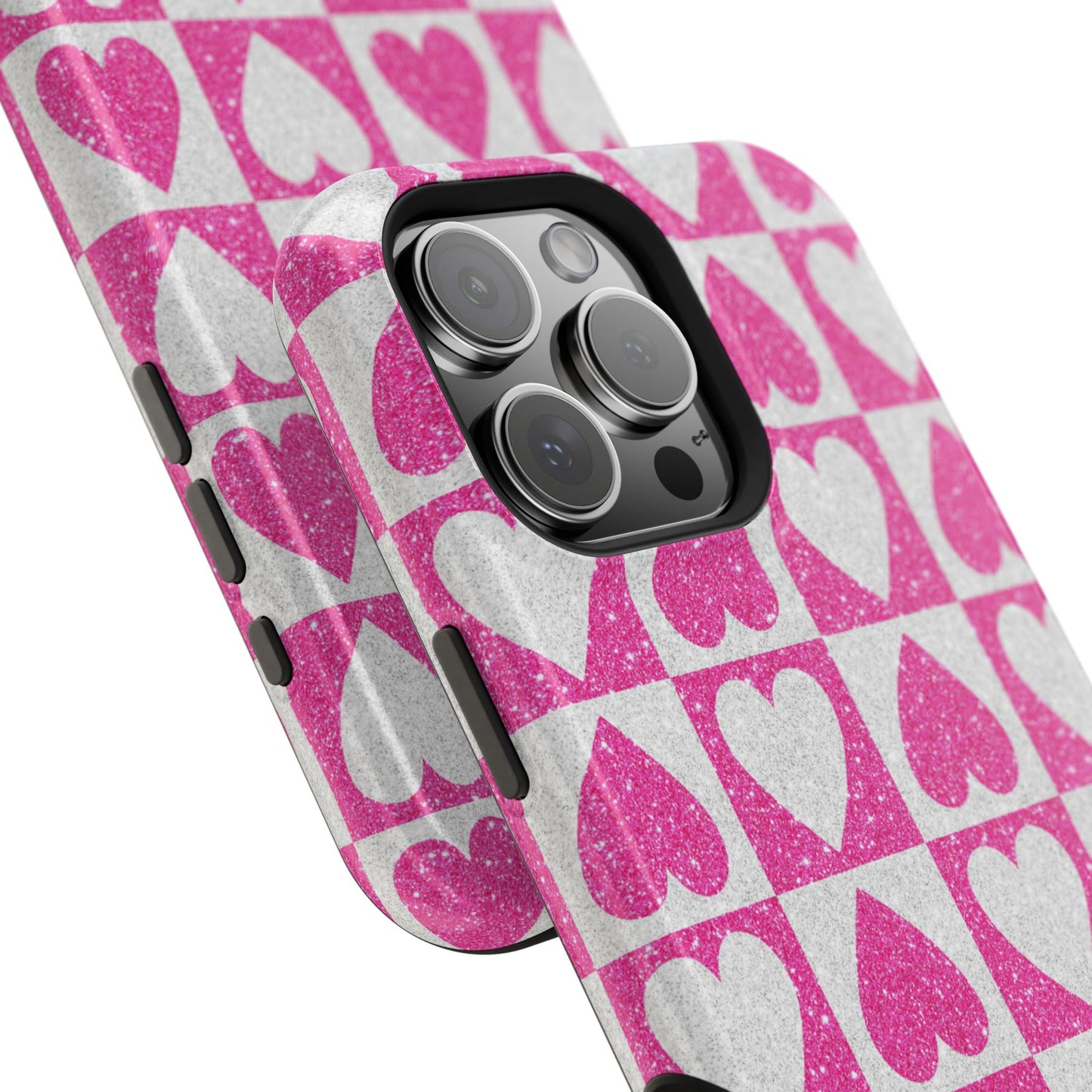 Pink Glitter Heart Checkered Pattern MagSafe Case