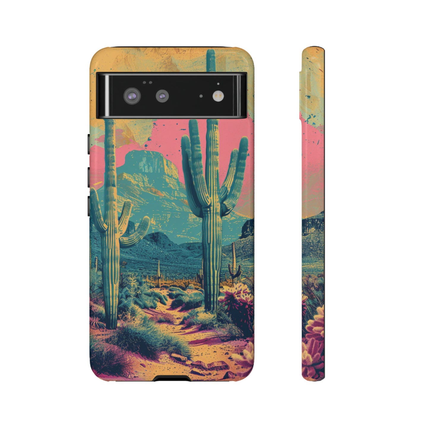 Desert Oasis Retro Cactus Phone Case - Vibrant Sunset Landscape for iPhone 15/14/13/12, Samsung S24/S23/S22/S21, & Google Pixel