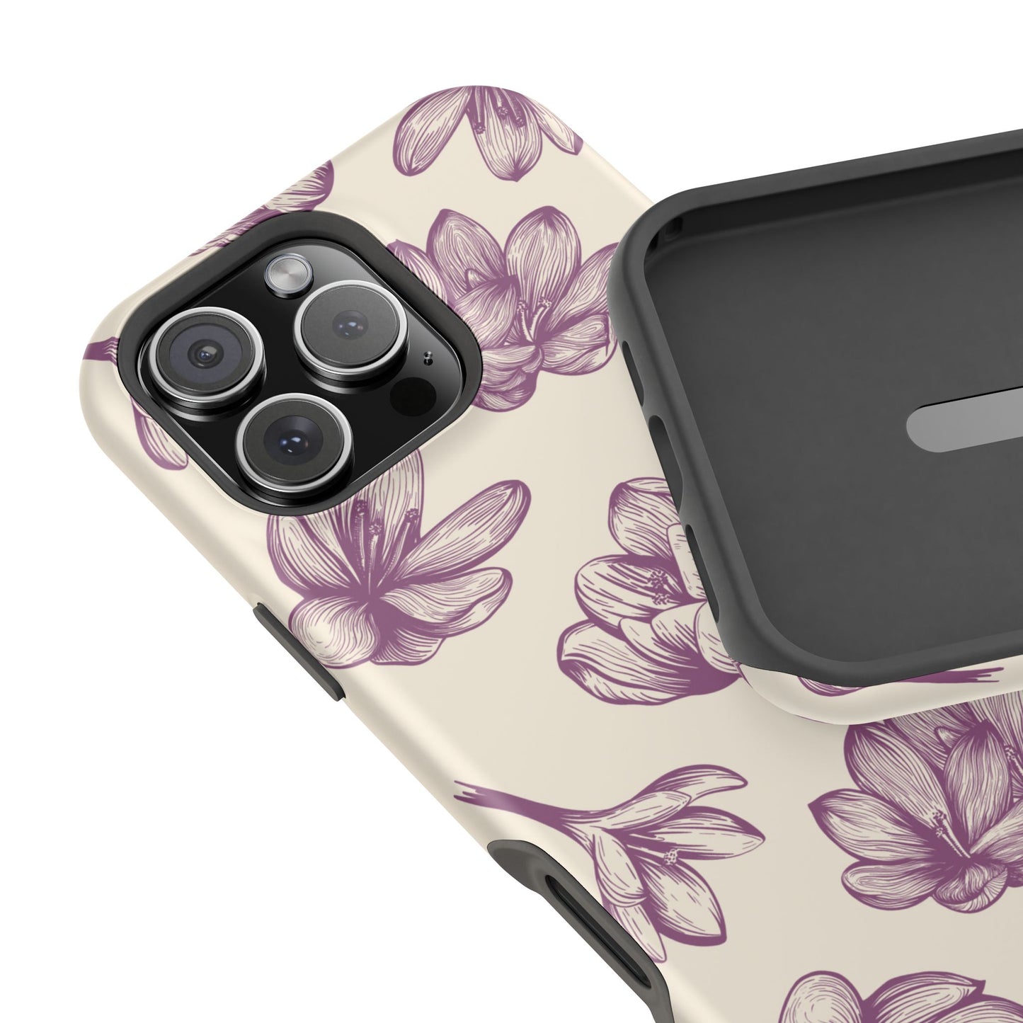 Vintage Botanical Floral Tough MagSafe iPhone Case – Hand-Drawn Purple Flowers, Shockproof Design