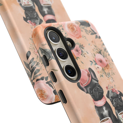 Floral French Bulldogs Samsung Galaxy Case – Elegant Dog Design with Tea Cups & Roses, Shockproof Protection