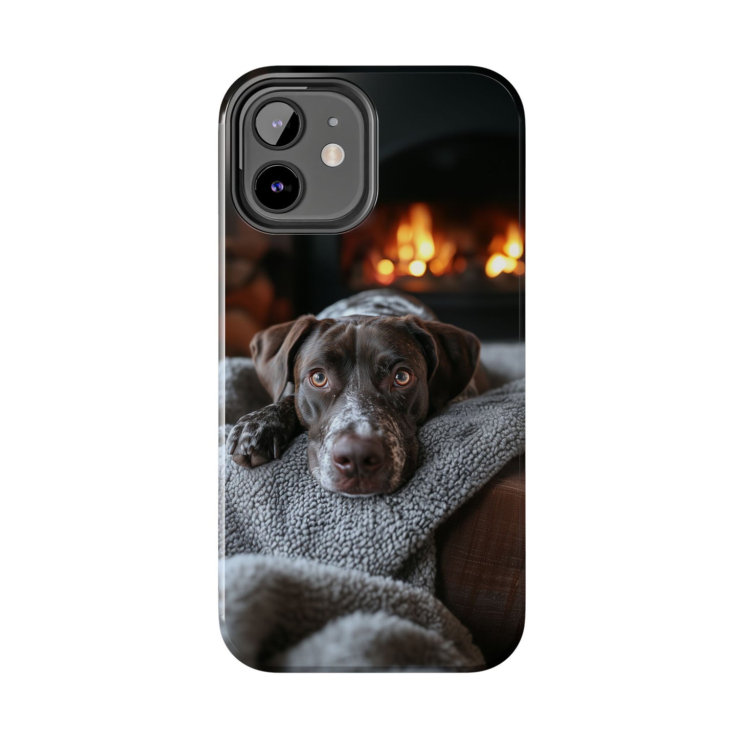 Cozy German Shorthaired Pointer iPhone Case – Rustic Fireplace Protective Cover