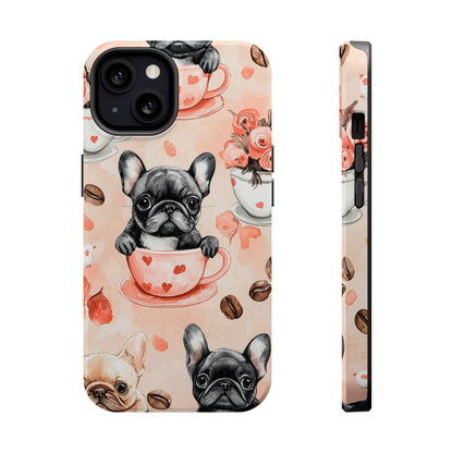 French Bulldogs in Heart Teacups MagSafe iPhone Case – Cute Dog & Floral Design, Shockproof Protection