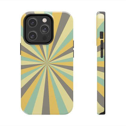 Vintage Sunburst Rays iPhone Case – Bold 70s-Inspired Burst in Yellow, Mint, and Gray