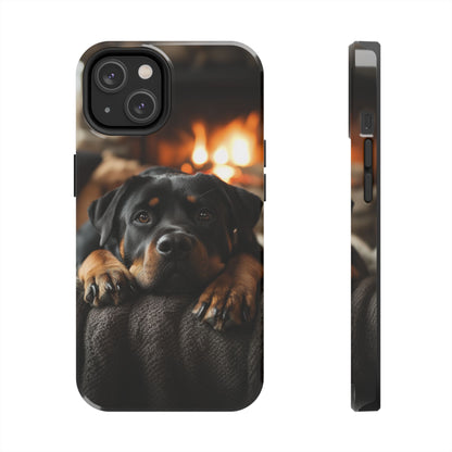 Cozy Rottweiler by the Fireplace iPhone Case – Warm Rustic Design