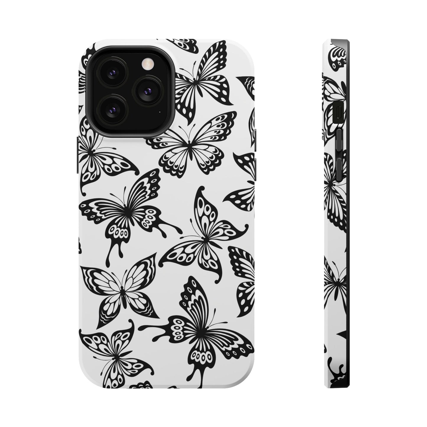 Monochrome Butterfly Pattern Tough MagSafe Case – Dual-Layer Protection with Matte Finish