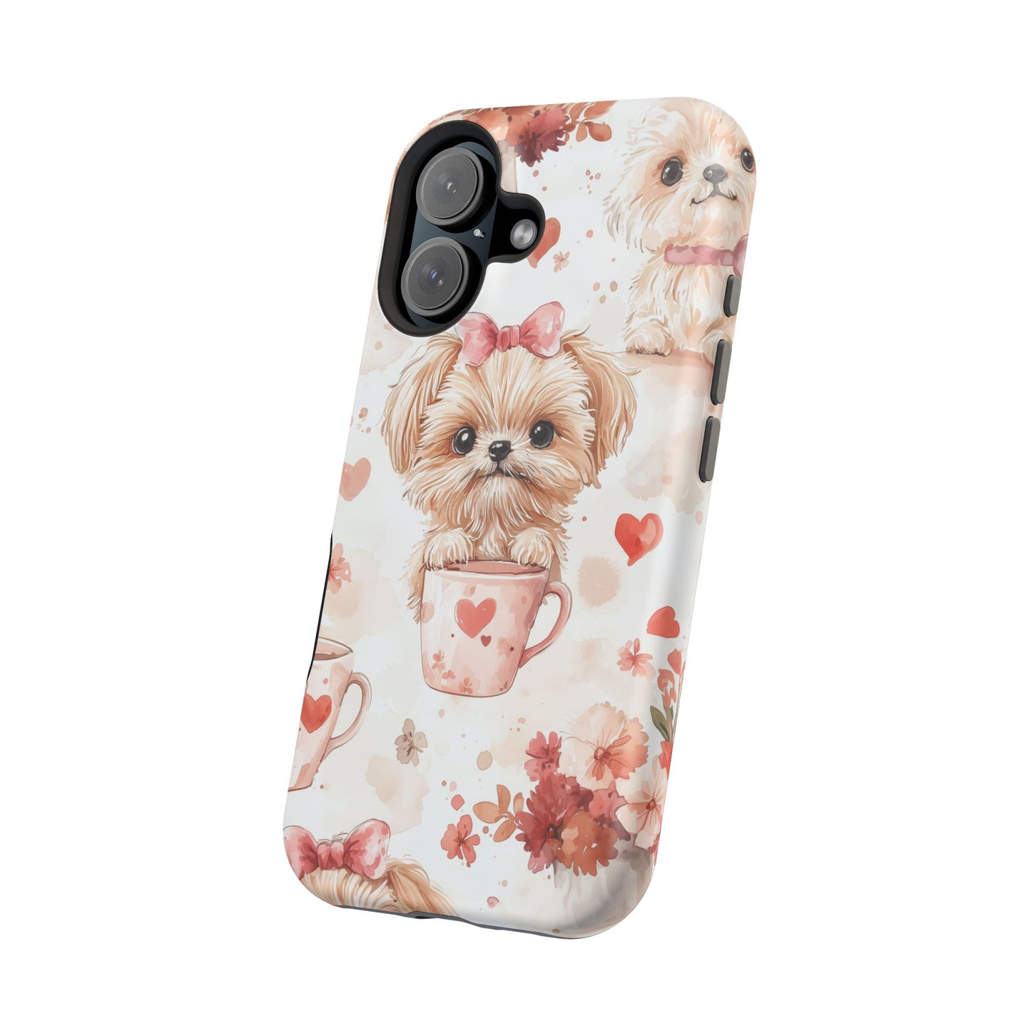 Puppies & Heart Mugs MagSafe iPhone Case – Sweet Dog & Floral Design, Shockproof & Slim