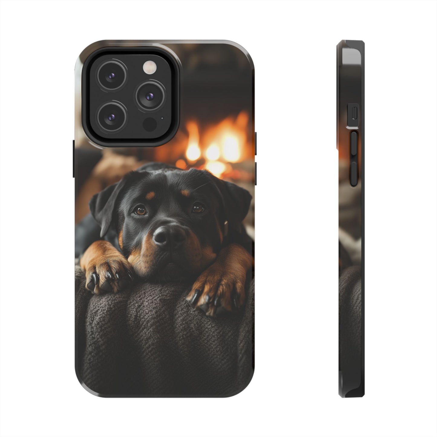 Cozy Rottweiler by the Fireplace iPhone Case – Warm Rustic Design