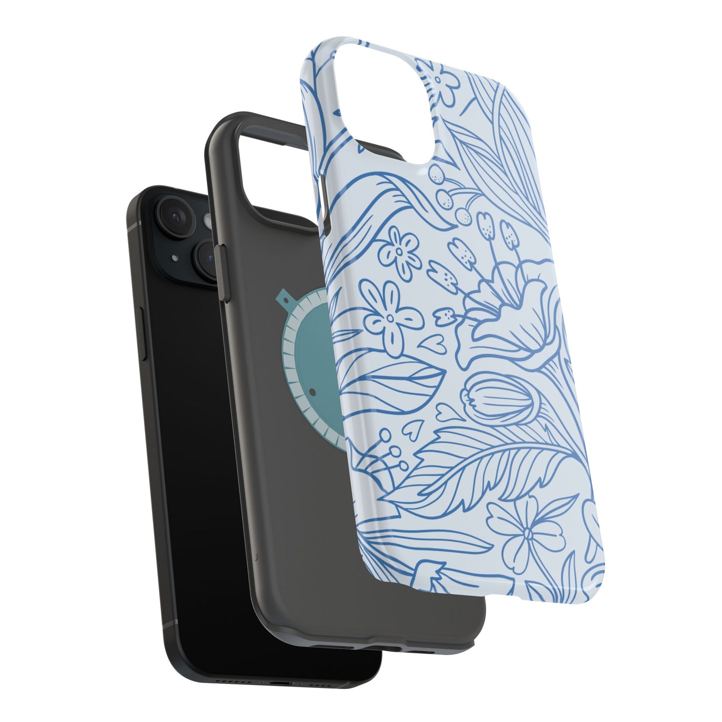 Dusty Blue Floral Line Art Tough MagSafe iPhone Case – Minimalist Botanical Design with Dual-Layer Protection