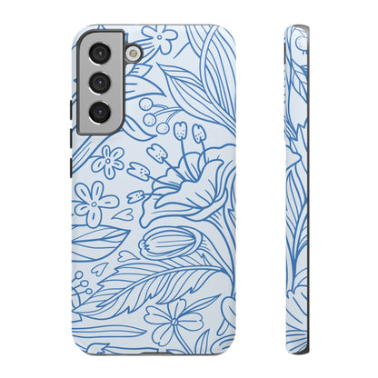 Dusty Blue Floral Line Art Tough Samsung Galaxy Case – Minimalist Botanical Design with Dual-Layer Protection