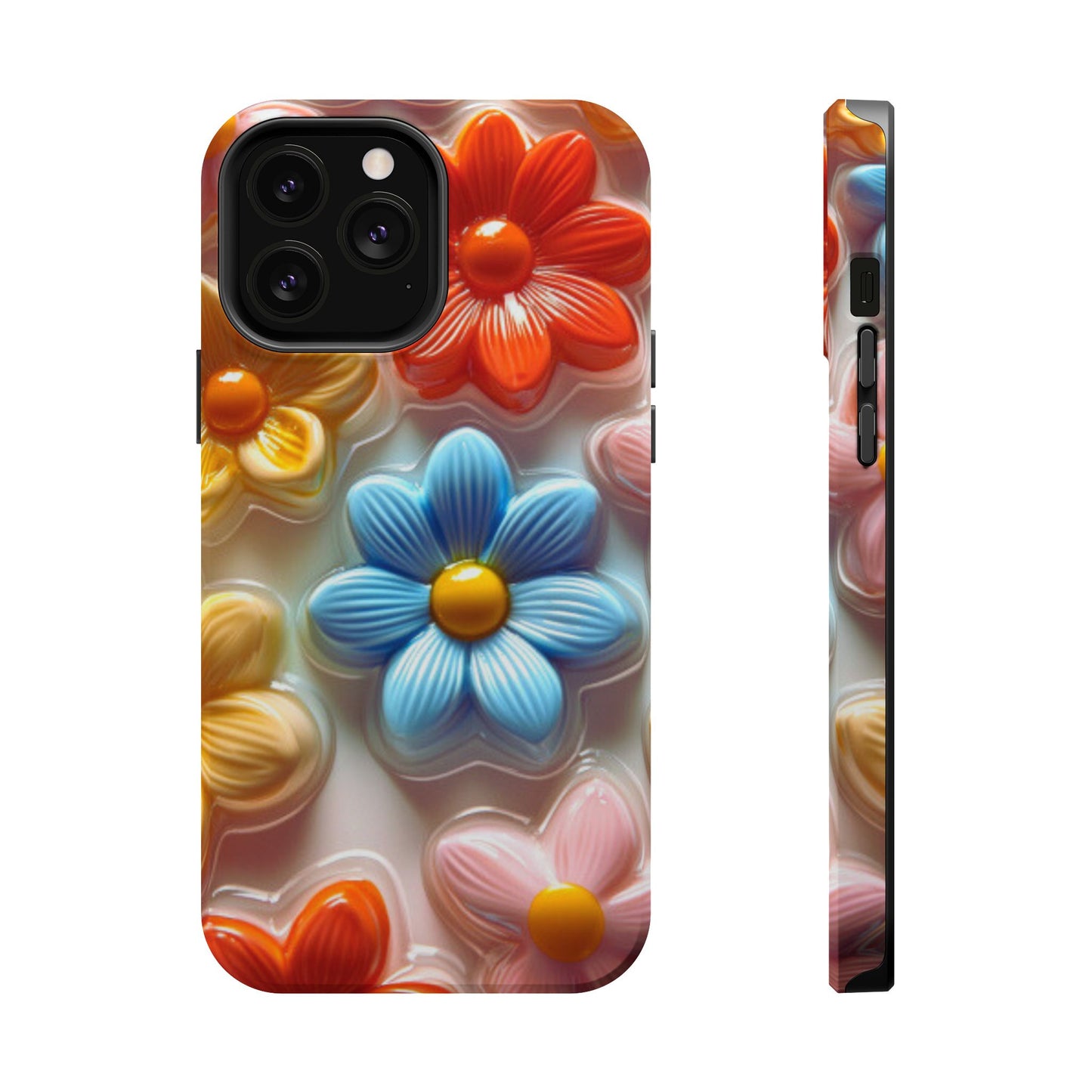 Glossy Retro Flower MagSafe iPhone Case – Colorful 3D Floral Design, Durable Protection