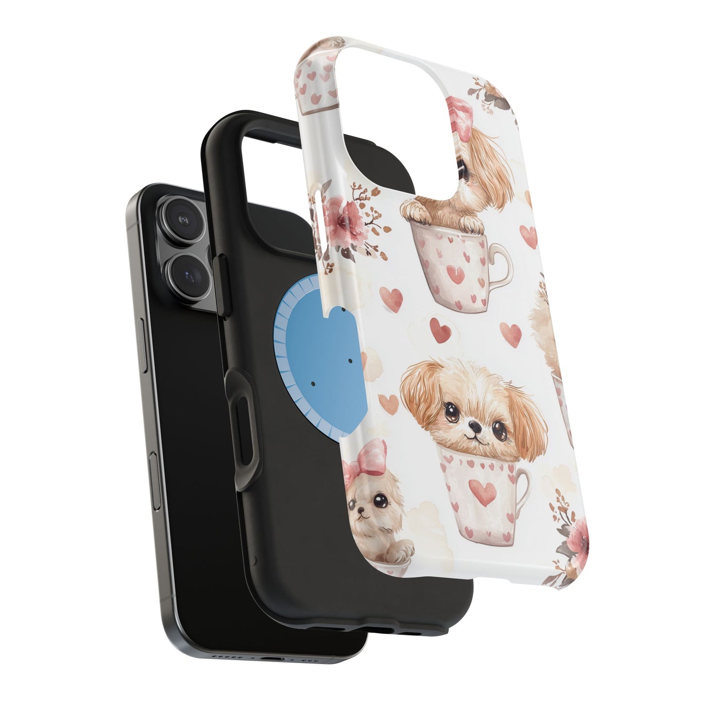 Cute Puppies in Heart MagSafe iPhone Case – Adorable Dog & Floral Design, Shockproof & Slim