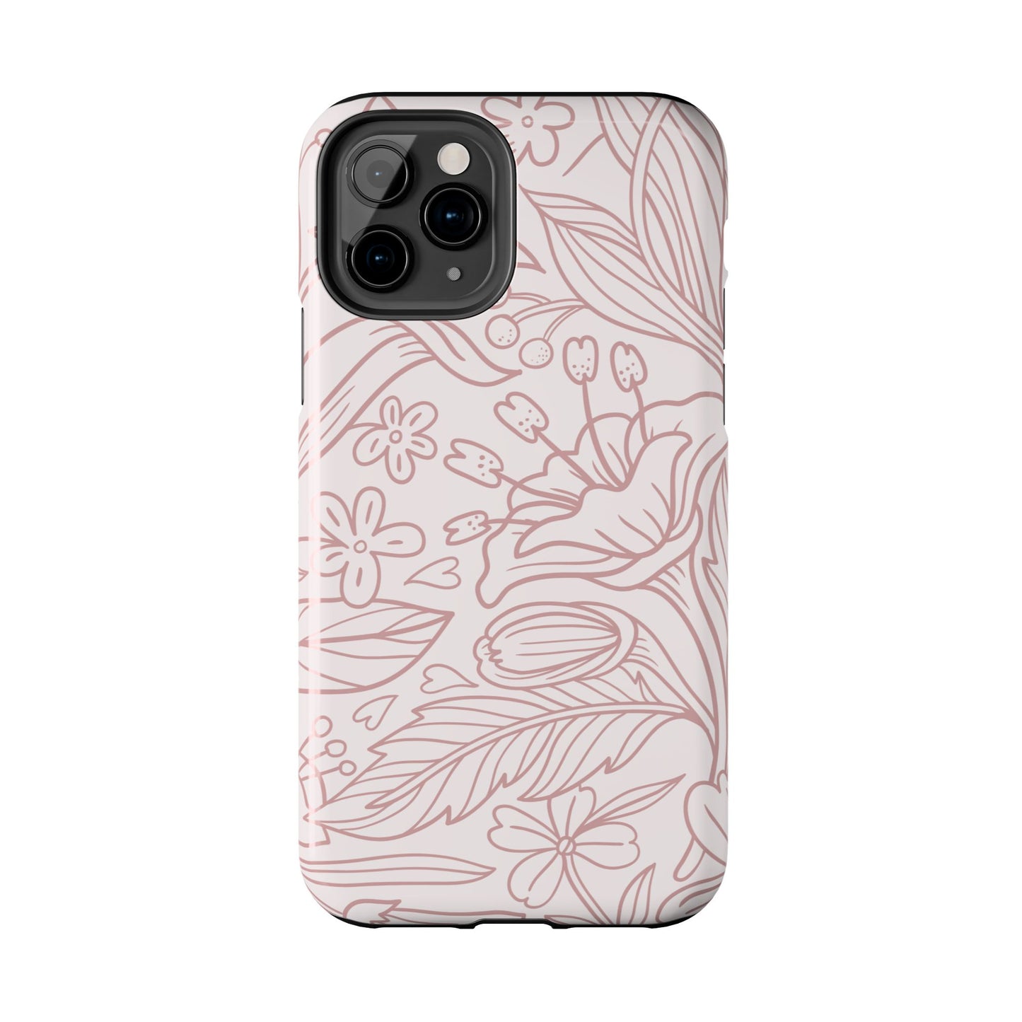 Blush Floral Line Art Tough iPhone Case – Delicate Minimalist Design with Dual-Layer Protection