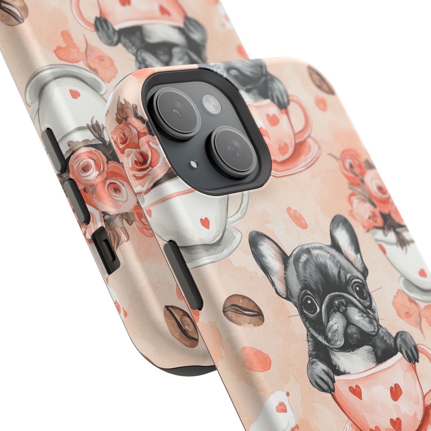 French Bulldogs in Heart Teacups MagSafe iPhone Case – Cute Dog & Floral Design, Shockproof Protection