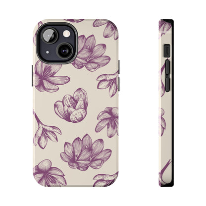 Vintage Botanical Floral Tough iPhone Case – Hand - Drawn Purple Flowers, Shockproof Design - BOGO Cases