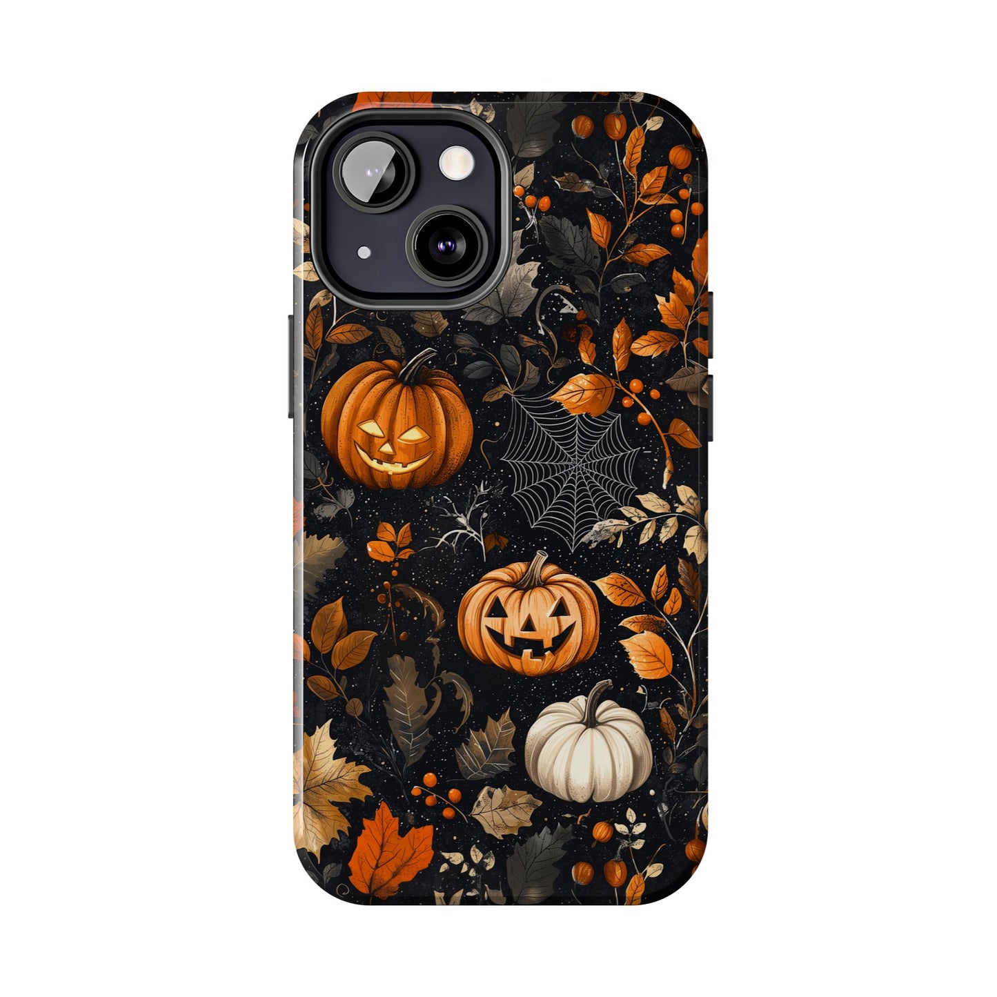 Elegant Halloween iPhone Case – Pumpkin Jack-o'-Lanterns, Cobwebs & Autumn Foliage Design