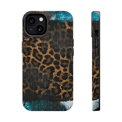 Boho Leopard and Turquoise Tough MagSafe iPhone Case – Rustic Western Design with Dual-Layer Protection