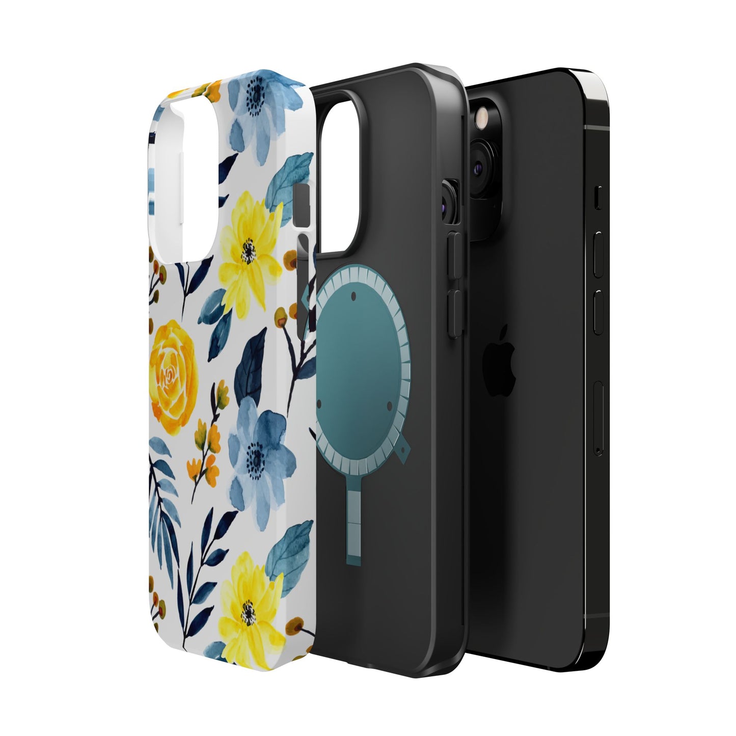 Golden Yellow & Sky Blue Floral – Watercolor Botanical MagSafe iPhone Case