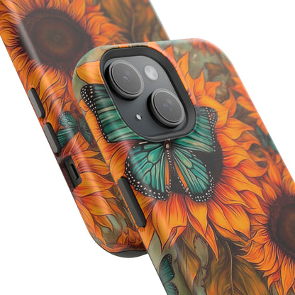 Vintage Blue Butterfly & Sunflower Art – MagSafe iPhone Case