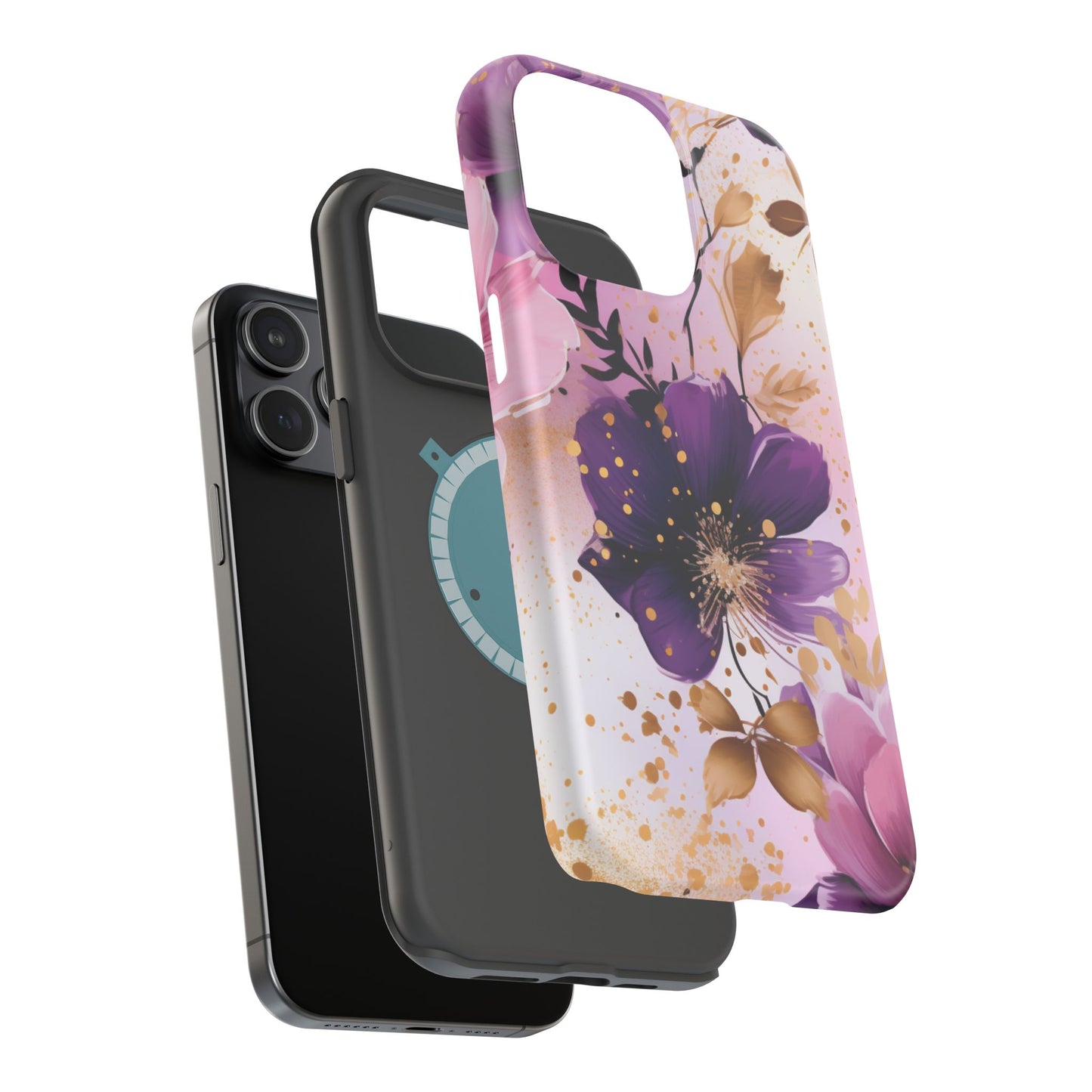 Elegant Purple & Gold Floral MagSafe iPhone Case - Luxe Flower Design