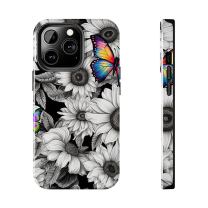 Rainbow Butterflies & Monochrome Sunflowers – iPhone Case